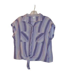 Tea Rose Cotton Purple Stripes Pockets Down Buttons Cropped Shirt Tie L